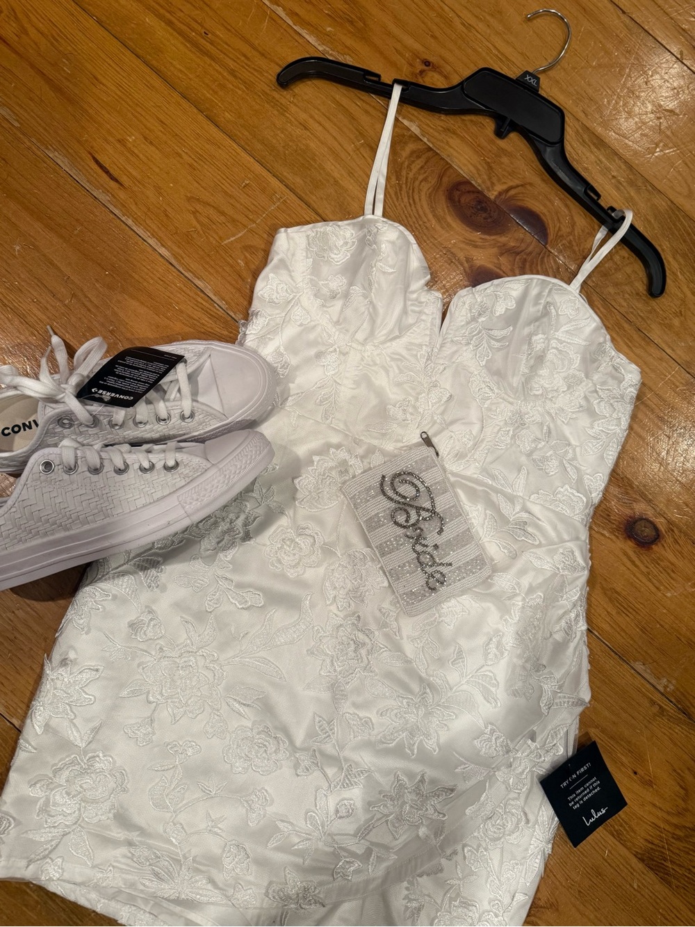 LULU's Bridal White Lace Mini Dress,White Converse sneakers ,Bride make up bag